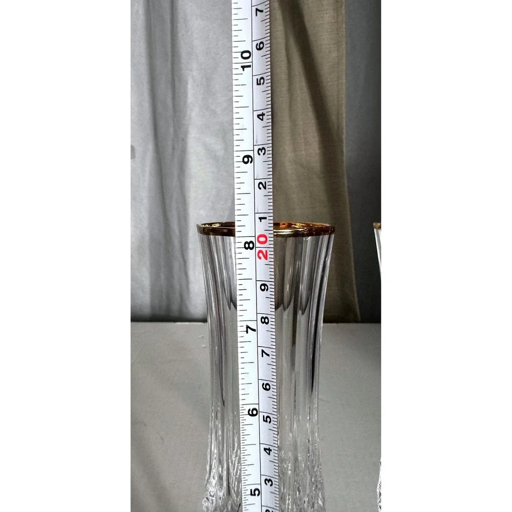 Vintage Gold Rim Octagonal Champagne Flutes Set of 2 Diamond Cut Glass Stemware